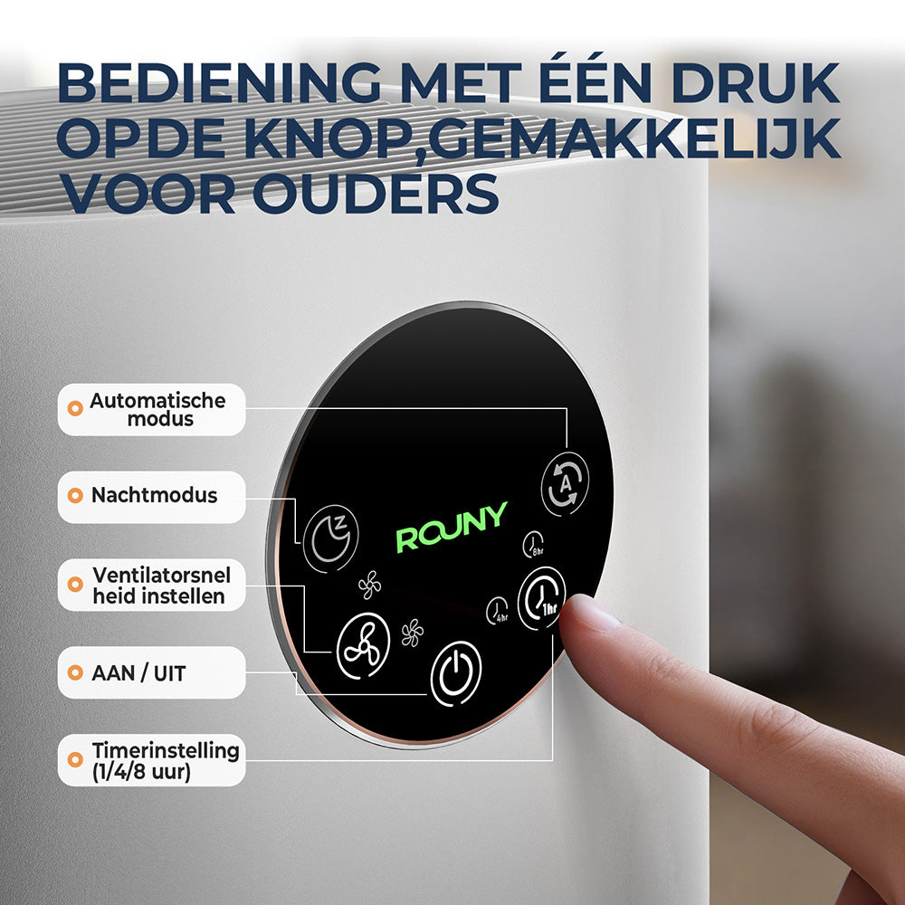 Rouny luchtreiniger voor thuis, H13 echt HEPA-filter, CADR 150 m³/u, bereik 20-50 m², slaapmodus ≤25 dB, luchtkwaliteitsdisplay, 4 ventilatorsnelheden voor huisdieren en slaapkamer, AP-T1