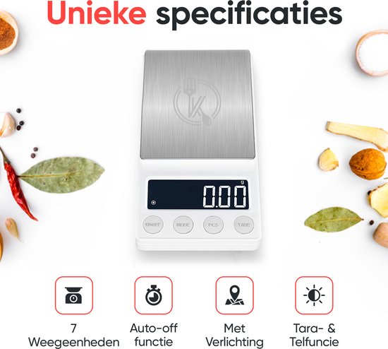Kitchenwell digitale mini precisie keukenweegschaal wit - 0,01 tot 200 gram - 14.2 x 7.5 cm - pocket scale op batterij - weegschaal keuken