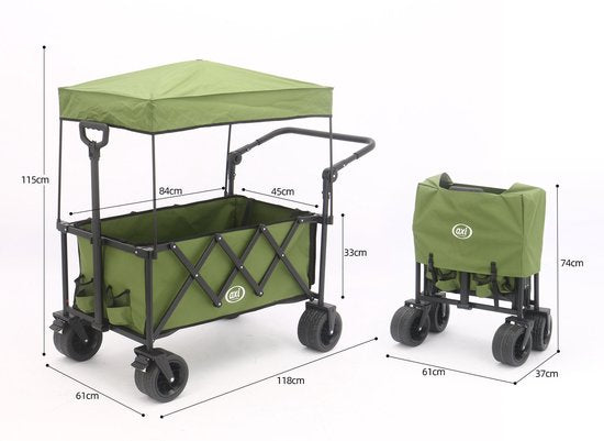 AXI SB221 Opvouwbare Bolderwagen met dak – Groen – Met Trekstang, Remmen en Hoes – 100 kg Draagvermogen – Eenvoudig mee te nemen - Metaal