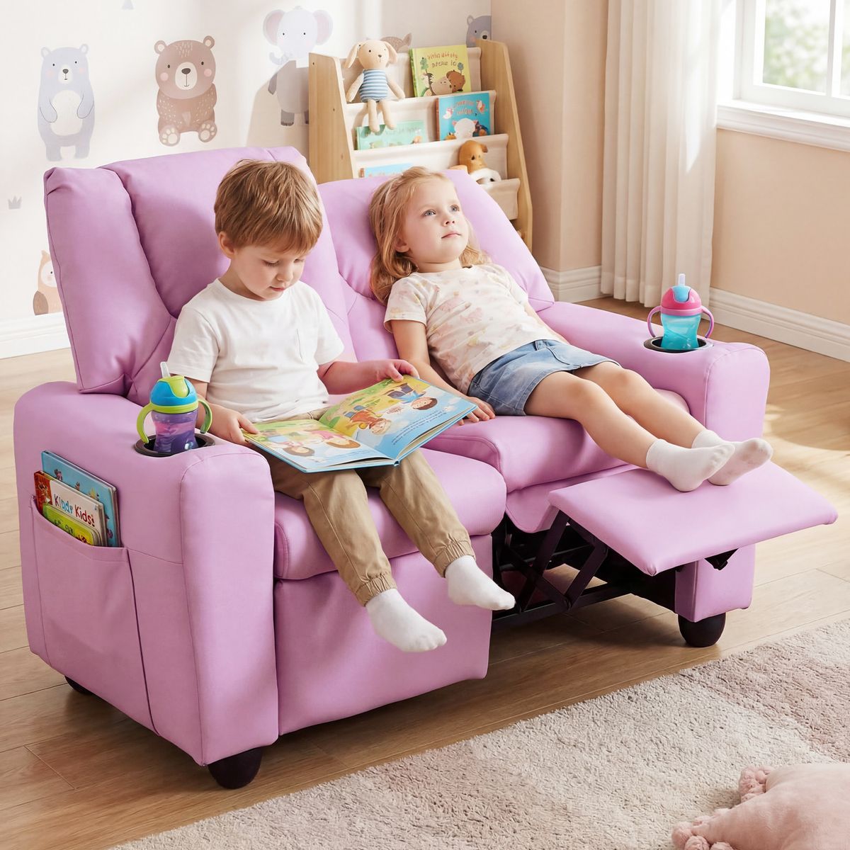 Coast Kinderbank met ligfunctie - dubbele zitting - bekerhouders - roze 54 x 94 x 68 cm