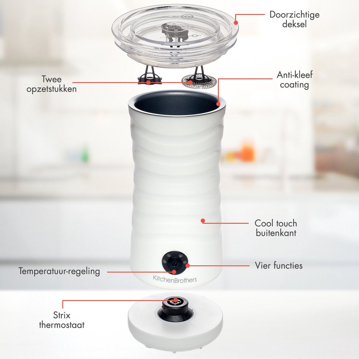 KitchenBrothers - Elektrische Melkopschuimer & Warmhoudfunctie - 240 ml - Wit RVS - 4-in-1 Functie - Modern Keukendesign - Inclusief Garde en Anti-aanbaklaag