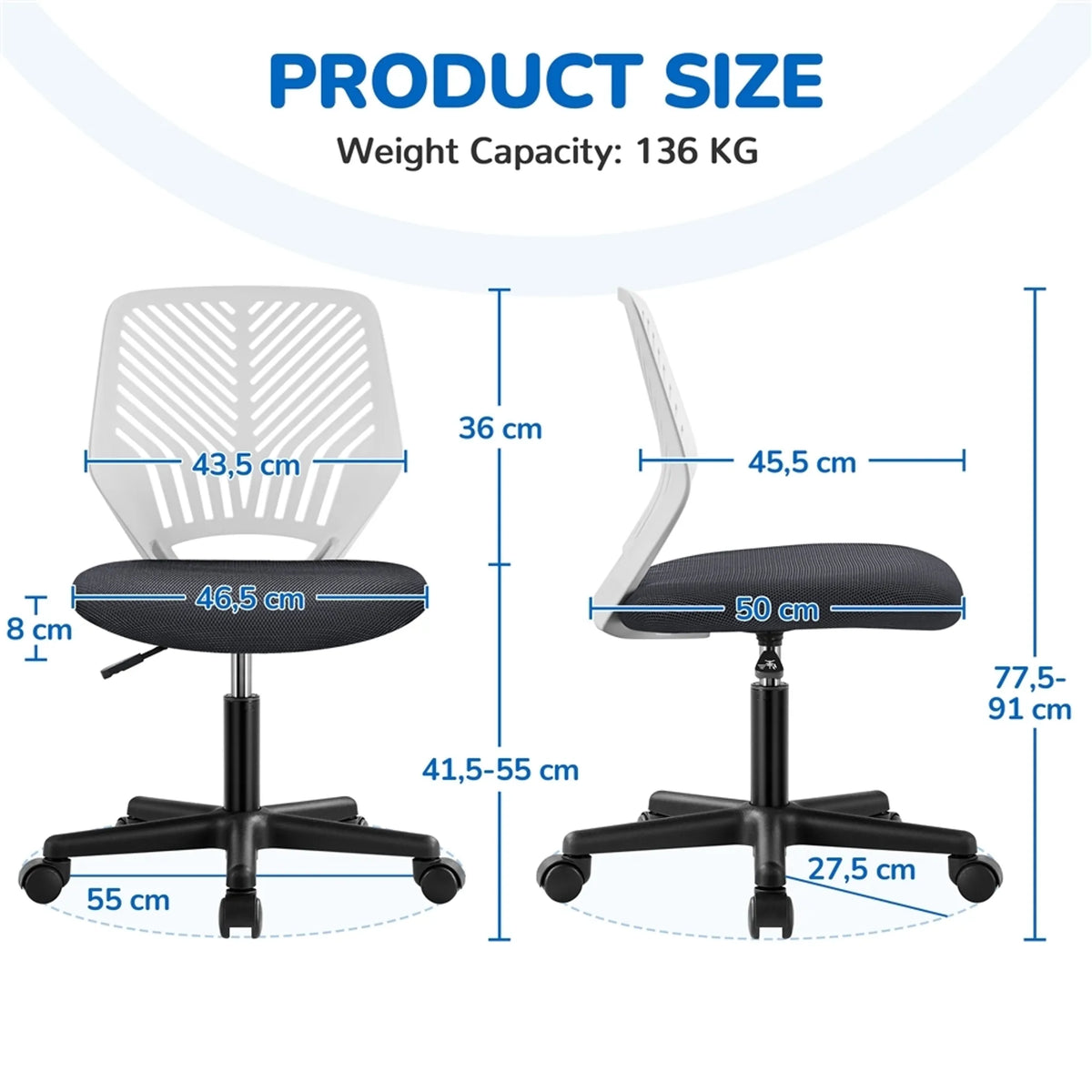 Yaheetech Armleuningloze Bureaustoel / Draaistoel 79-92 cm – Strak Zwart – Polyester en Metaal