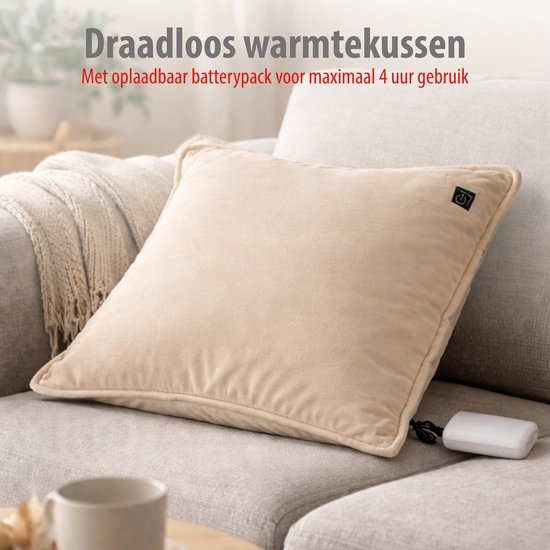alpina Warmtekussen Oplaadbaar met Powerbank – Warmte kussen Elektrisch met 3 Warmtestanden – Verwarmingskussen met Fleece Hoes – 45x45cm – Beige