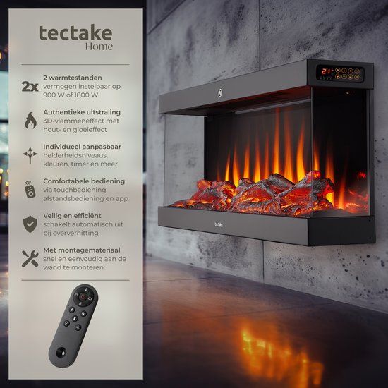 tectake® Wandhaard - Elektrische Haard - Sfeerhaard - 900W & 1800W - Bediening met Afstandsbediening of App - met Thermostaat - Kachel - met Verwarming - Haarden - met Hout en Gloeieffecten - 3D Vlammen - Timer - 9 Kleuropties