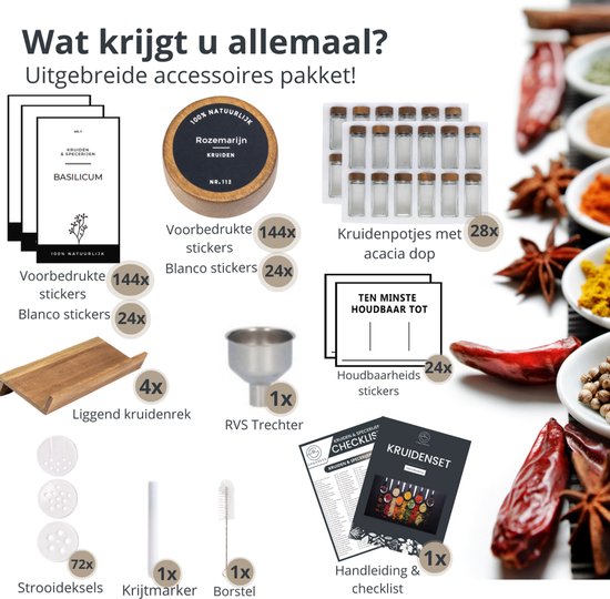Organess Kruidenrek met 28 Kruidenpotjes - Kruidenrek Lade - Kruiden Organizer - Keukenlade organiser- Complete Set - 4 Stuks - Acacia