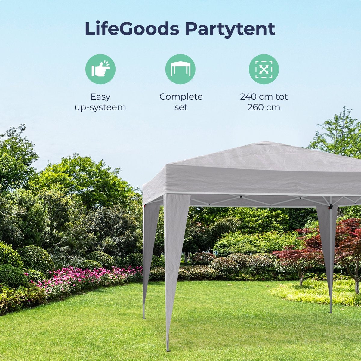 LifeGoods Partytent - Paviljoen - EasyUp - Opvouwbaar - Waterdicht - Met Draagtas - 300 x 300 cm - Grijs