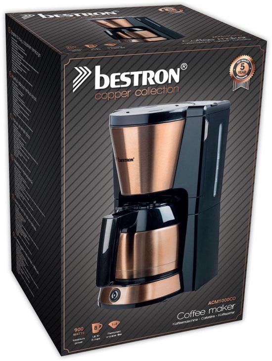 Bestron Koffiezetapparaat filterkoffie 900W - ACM1000CO - 1 L, 8 koppen - Thermoskan - Koper - 5 jaar garantie