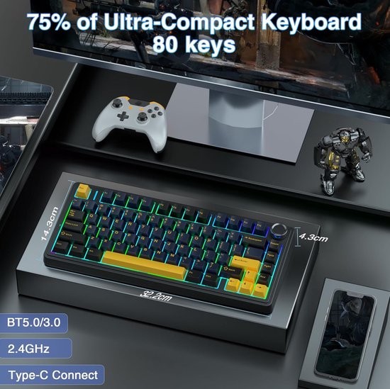 AULA F75 - Draadloze Gaming Toetsenbord - Mechanisch - Gasket - Hot Swap - QWERTY Toetsenborden - Tri mode - 80 Keys - Donder zwart