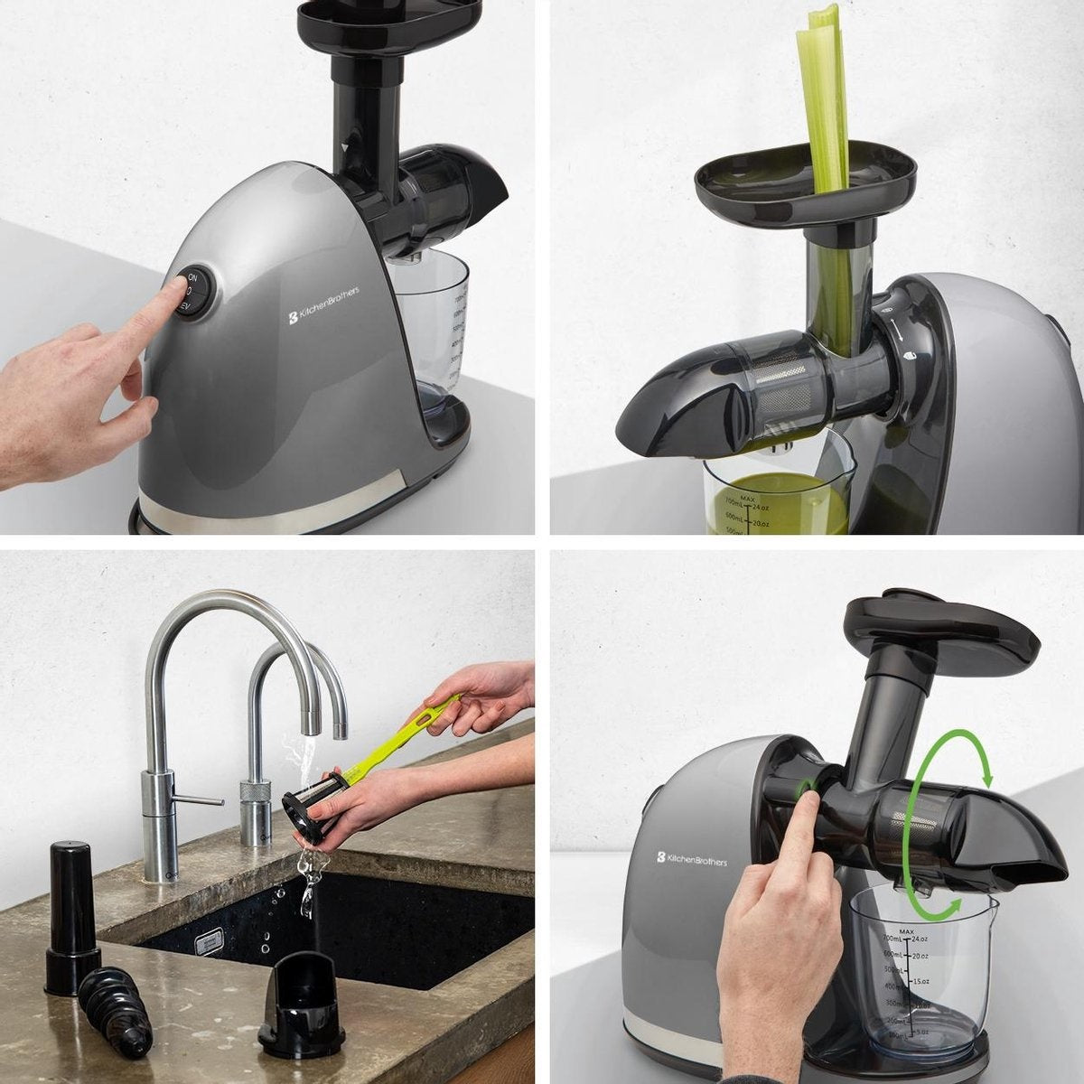 KitchenBrothers Slowjuicer - Juicer - Groenten en Fruitpers - 700ml Sapbeker - 1400ml Pulpcontainer - Grijs