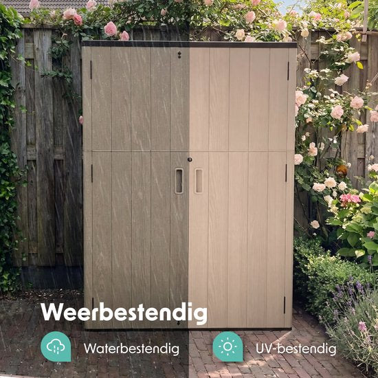 LifeGoods Tuinkast Verticaal - 1340L - Opbergkast - Waterdicht & UV-bestendig - Tuinbox - Taupe