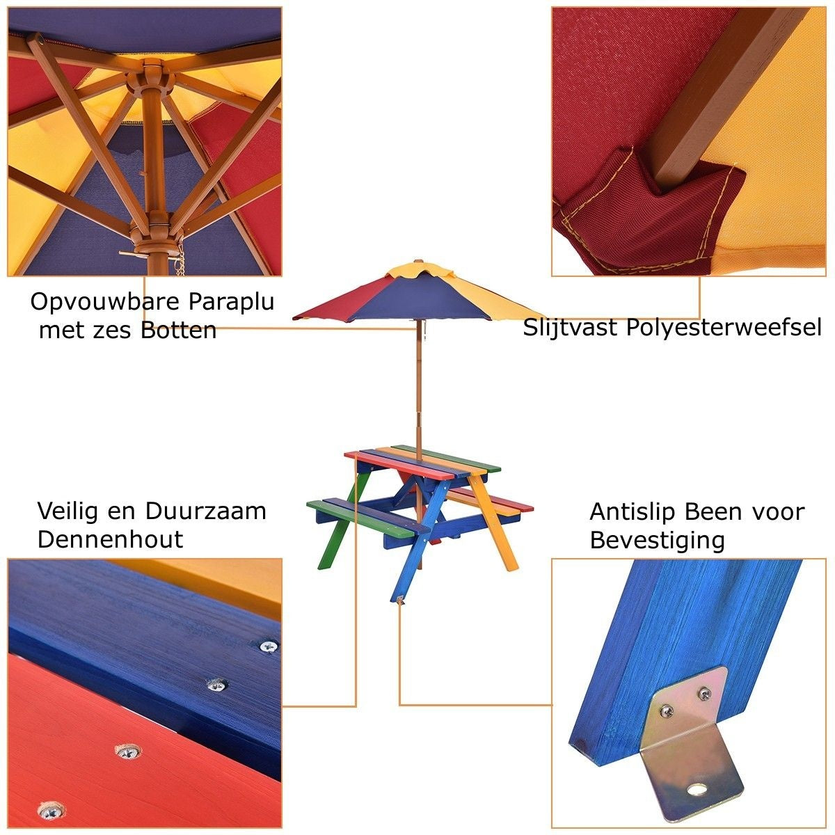 Coast Kinder Picknicktafel set - Hout - Met Verwijderbare Opvouwbare Paraplu - 79 x 71 x 52,5 cm