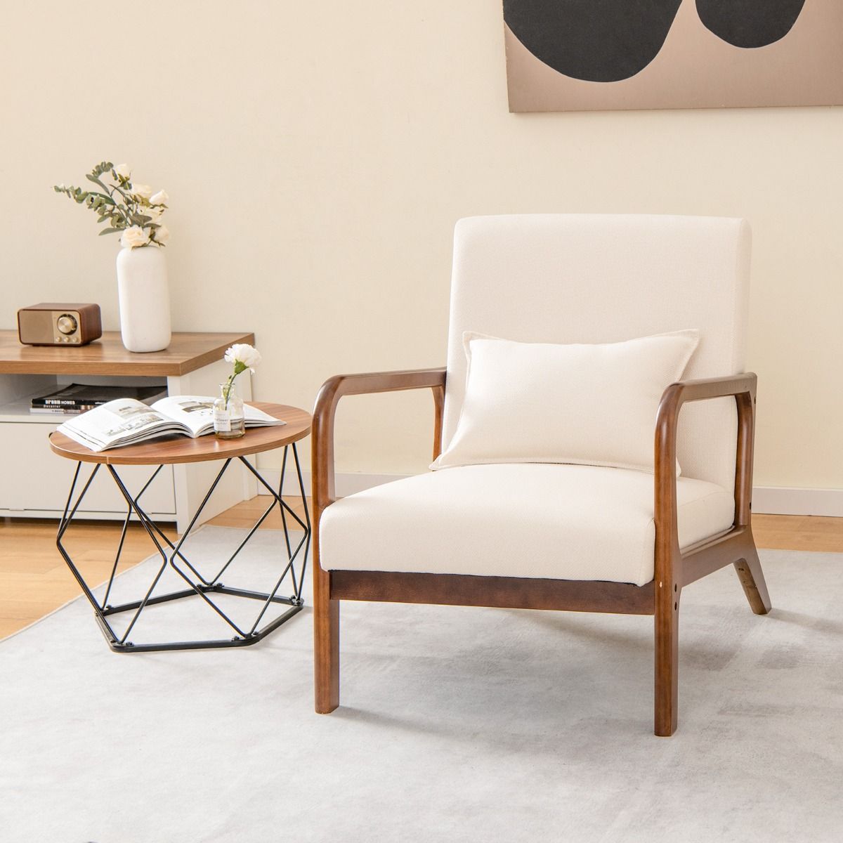Coast Fauteuil Loungestoel Woonkamer Gestoffeerd met Armleuningen, Rubberhout, Beige, 65 x 79 x 77 cm