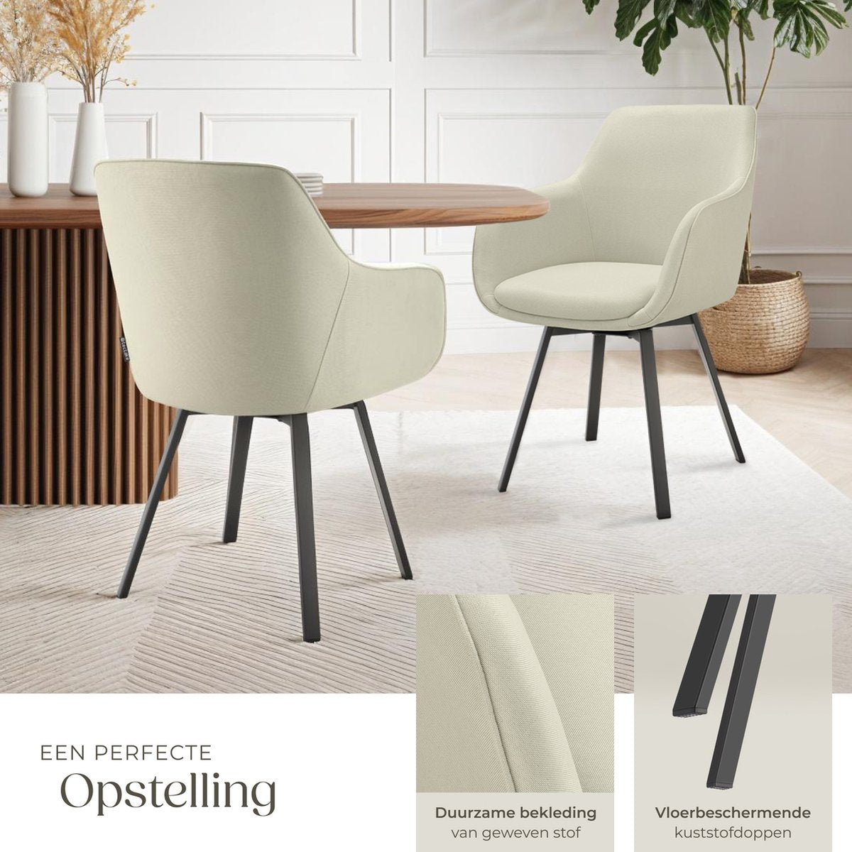 tectake® - Draaibare Eetkamerstoel Alicon - 57x59x88 cm – Set van 2 – Beige – Stijlvol en Comfortabel - Woonkamer Of Kantoor