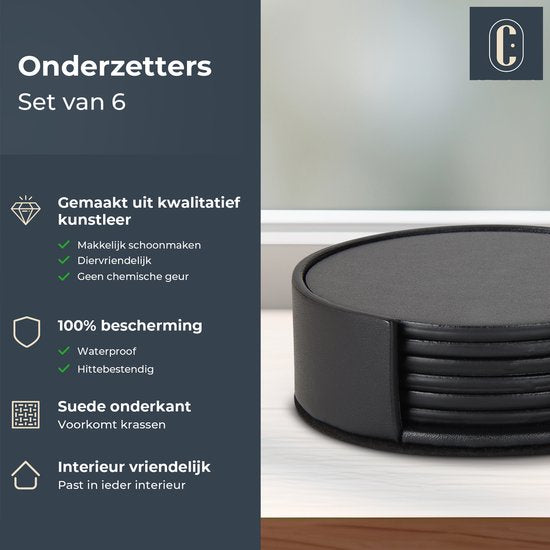 Castagnola Kunstlederen Onderzetters – Onderzetters voor Glazen – Design Onderzetters met Houder – Leren Onderzettersset – Leder – Set van 6 – Zwart