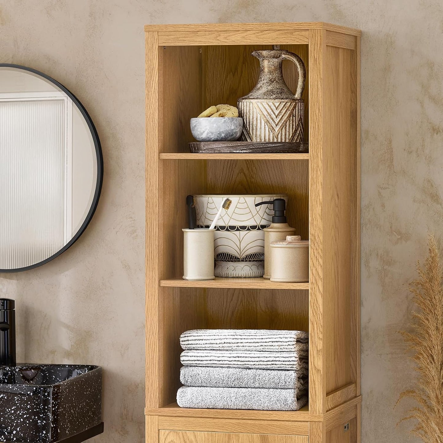 SoBuy Hoge Badkamerkast met Wasmand en 3 Planken - Wandmontage - Hout - 40 x 35 x 173 cm