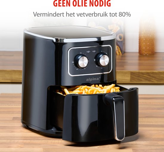 alpina Airfryer 4.5L- Heteluchtfriteuse voor 3 tot 4 Personen - Air Fryer met Instelbare Temperatuur van 80°C tot 200°C - Timer tot 60 Minuten - Hetelucht Friteuse 1450W - Zwart