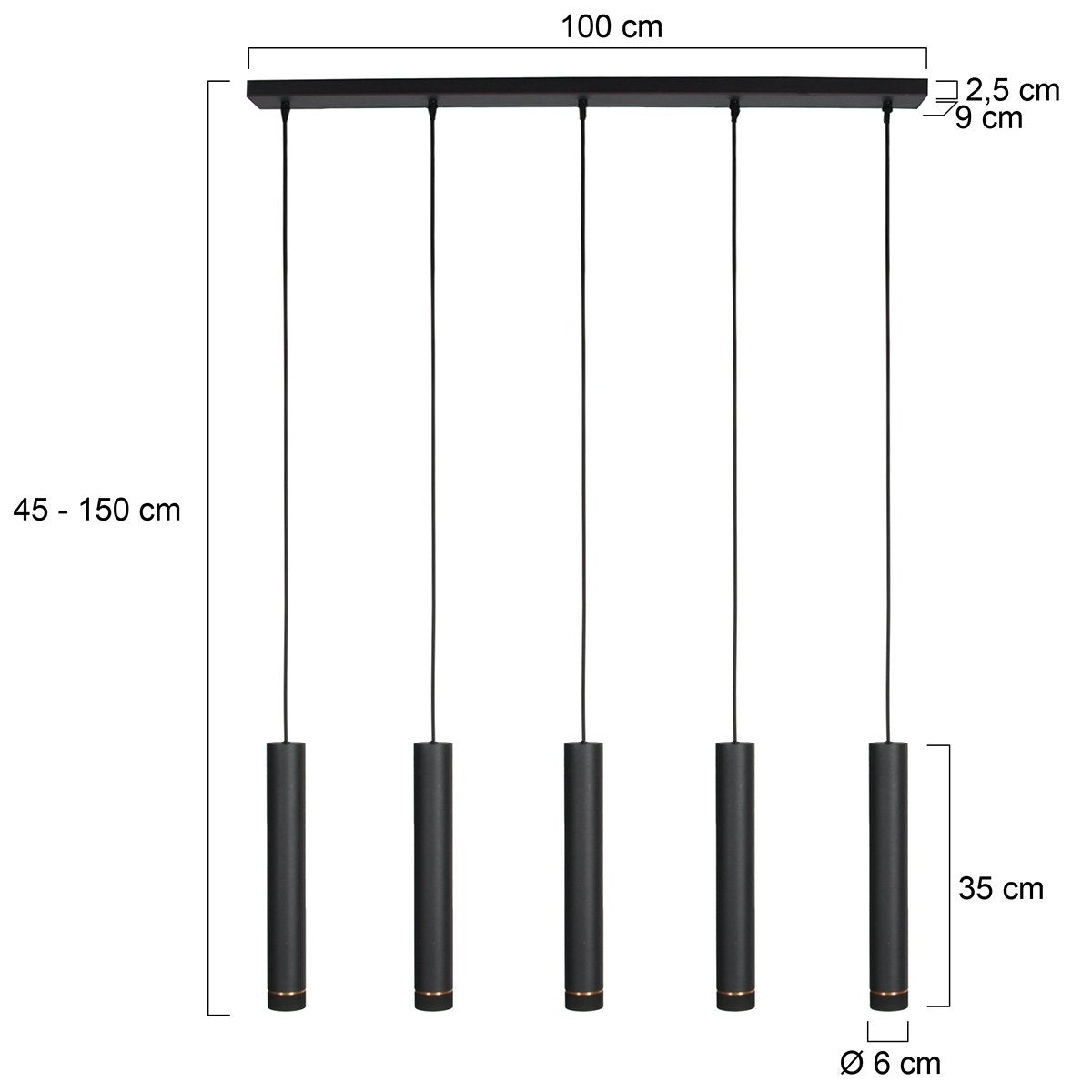 Mexlite Hanglamp DownLume – 5-Lichts – Zwart Metaal – Grote Eettafellamp – GU10 – Modern Design