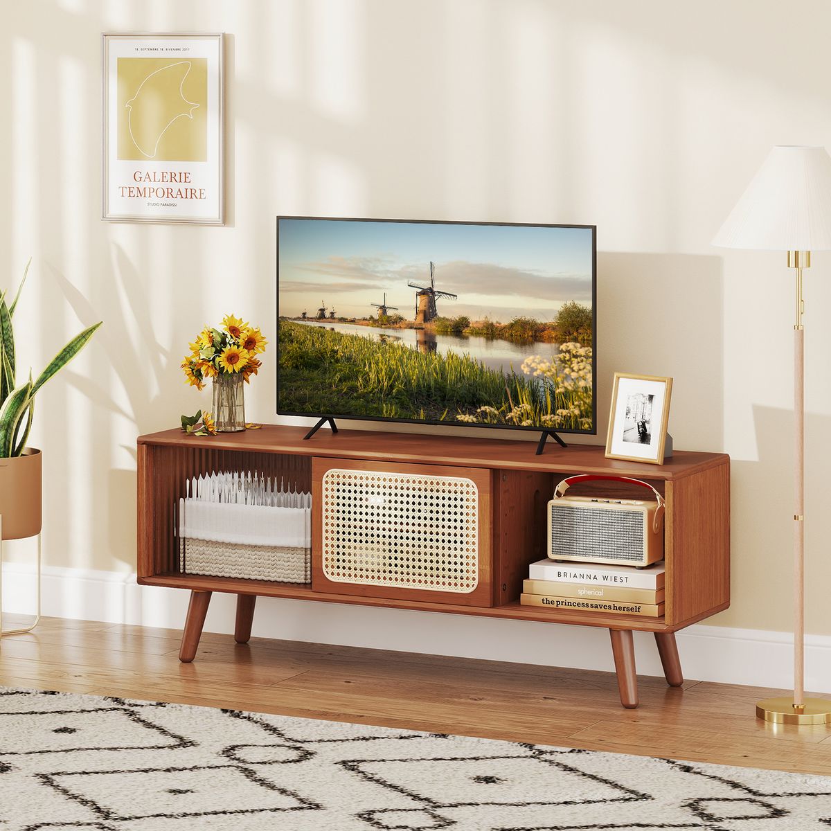 Coast TV-meubel - bamboe met rieten en glazen schuifdeur - verstelbare plank - bruin - 120,5 x 31 x 45,5 cm
