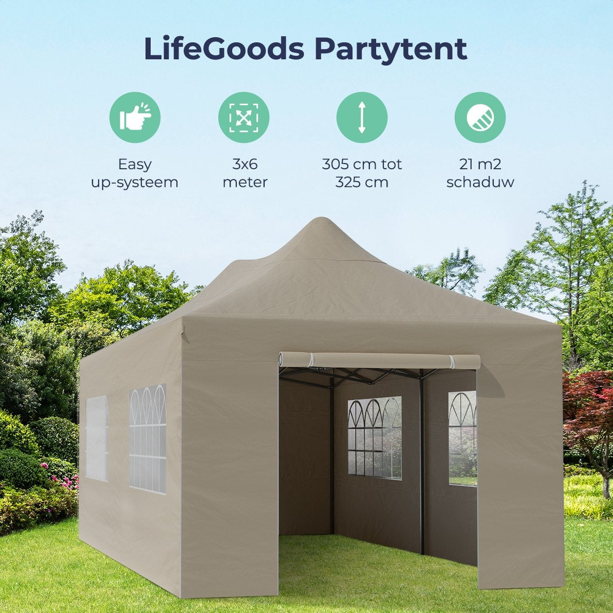 LifeGoods Partytent - Paviljoen - EasyUp - Opvouwbaar - 4 Zijwanden - Waterdicht - Met Draagtas met wieltjes - 300 x 600 cm - Beige