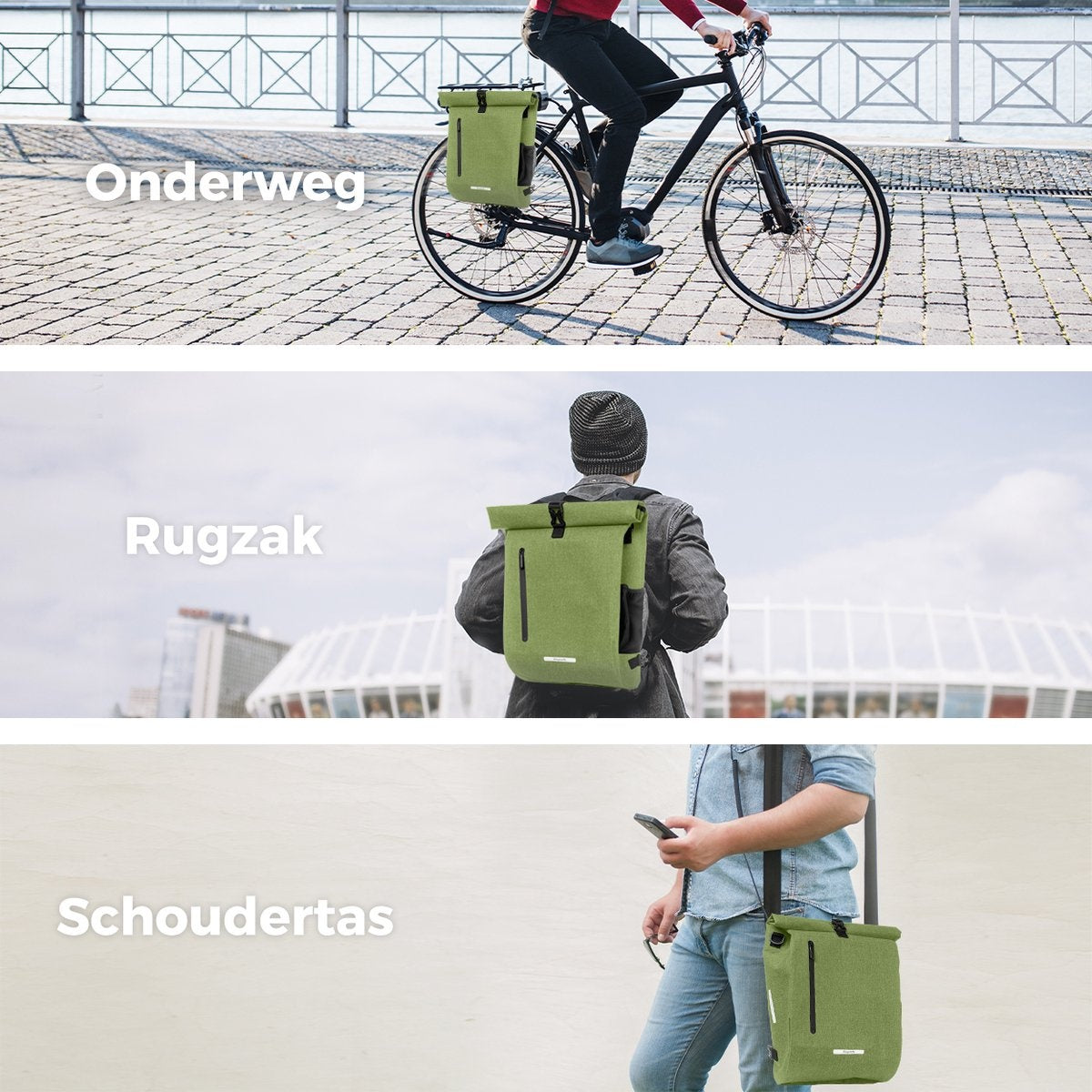 LifeGoods Enkele Fietstas - Compact - Schoudertas en Rugtas - 25L - Ronde Bagagedragers - Waterdicht - Olijfgroen