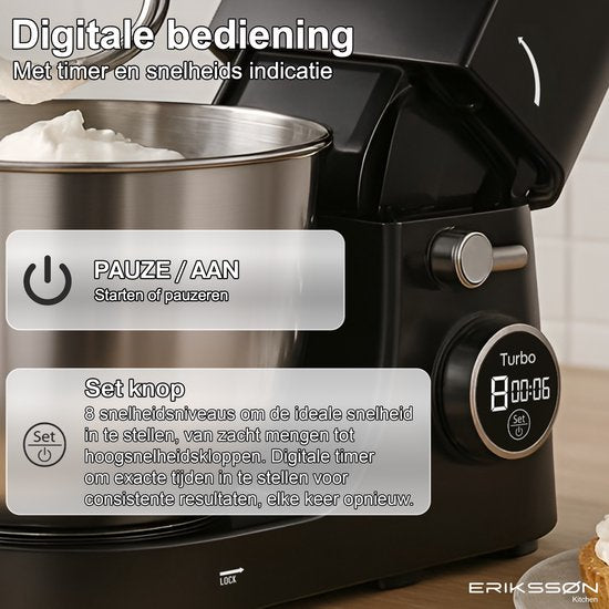 Erikssøn Kitchen Keukenmachine - 8 Snelheidsstanden Met Timer - 5L Mixer met Mengkom - 1400W - Zwart