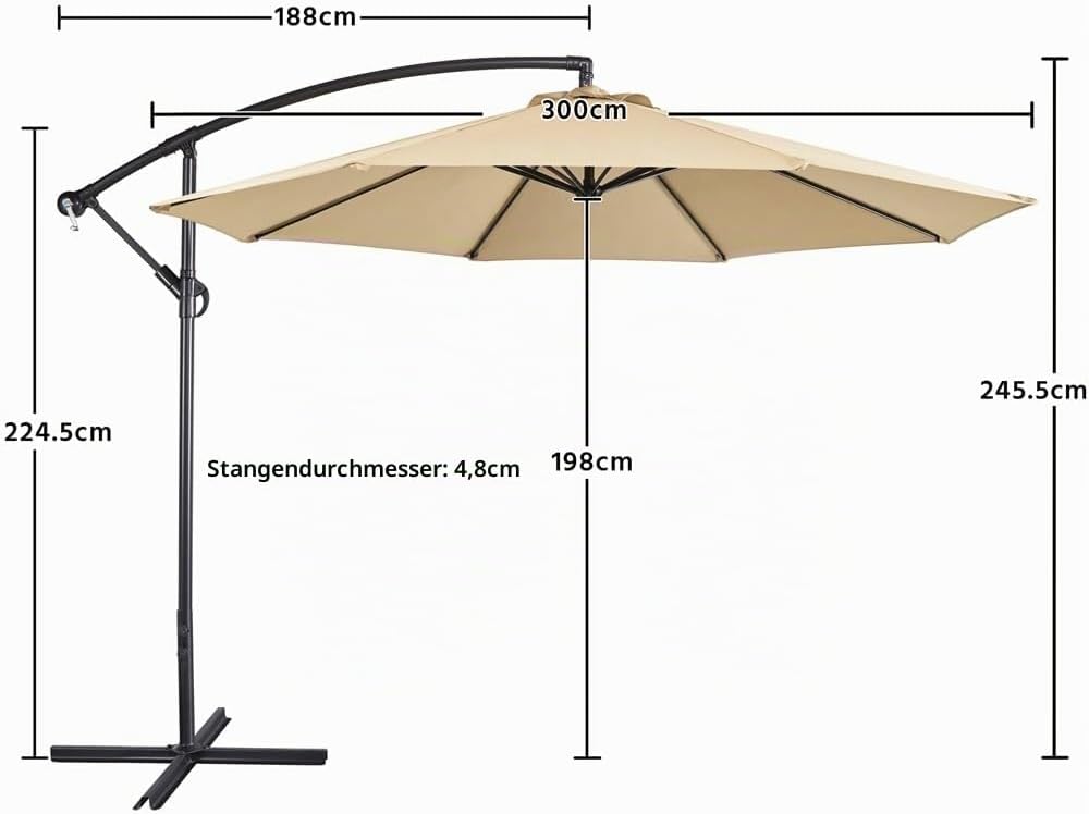 Yaheetech Zweefparasol 300 cm - Octagonaal - Polyester - Met Slinger en Kruisvoet