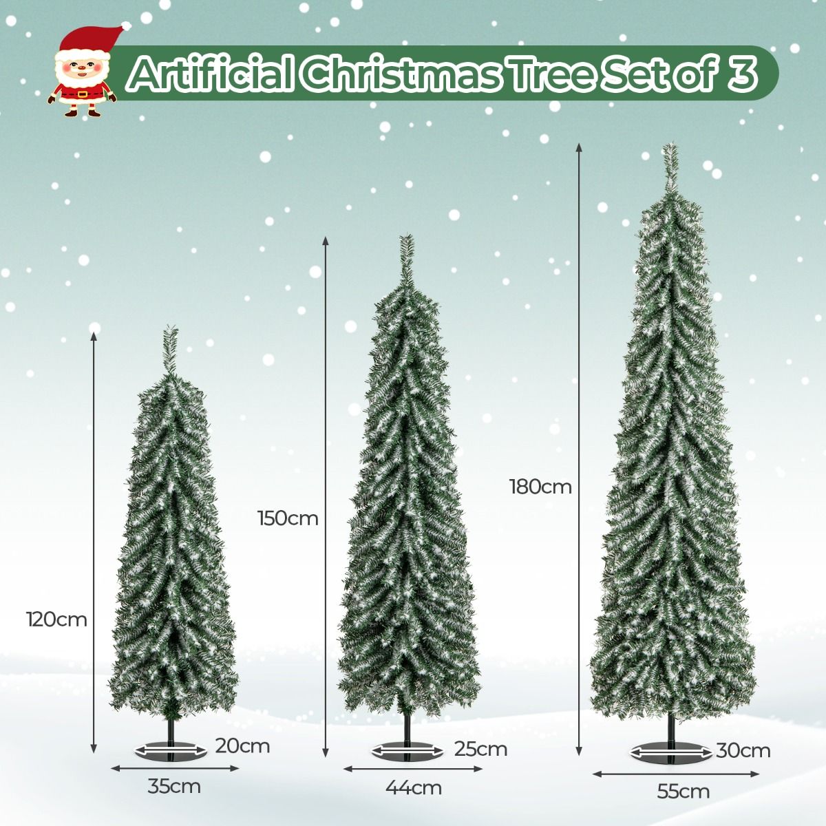 Coast Kunstkerstbomen Set - potloodvorm - met nepsneeuw en LED-verlichting - 120/150/180 cm