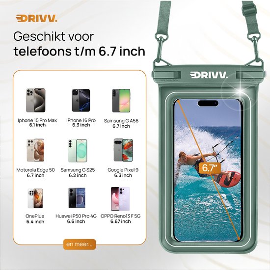 Drivv. Luxe Waterdicht Telefoonhoesje – Drijvend - Dubbele Klipsluiting - Telefoons tot 6.8 inch – Onderwater Hoesje Telefoon - Legergroen