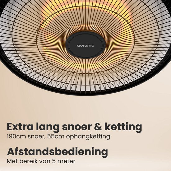 Auronic Terrasverwarmer - Infrarood Verwarming - Hangend - 10m2 - Elektrisch - 1500W - Afstandsbediening - Zwart