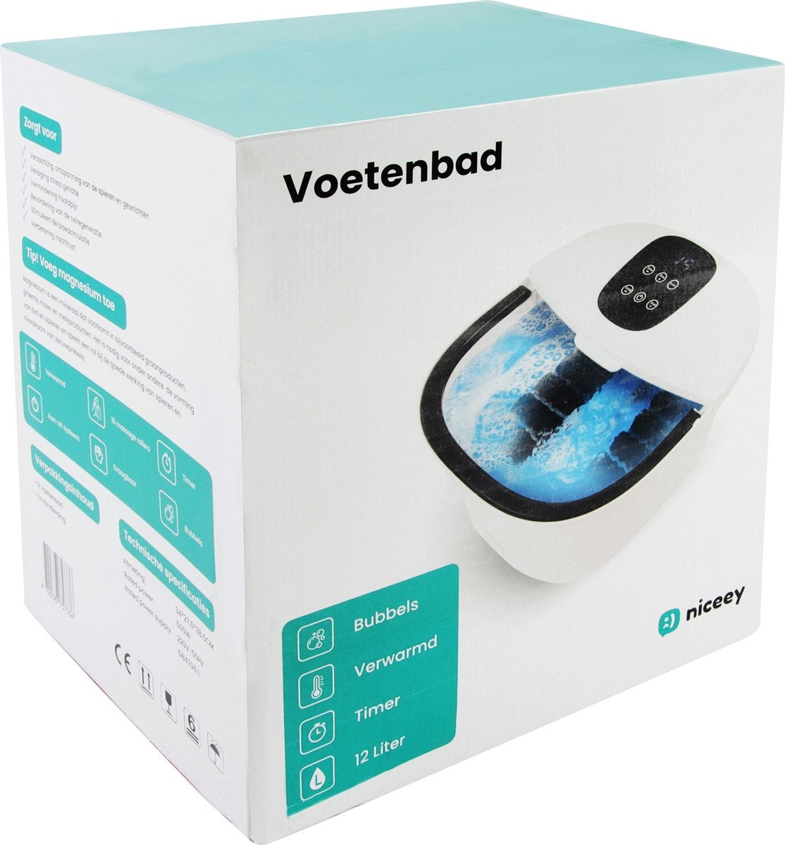 Niceey Massage Voetenbad XXL – Bubbelfunctie – 10 Massage Rollers – Tot 48°C - Infrarood - 12L - Wit