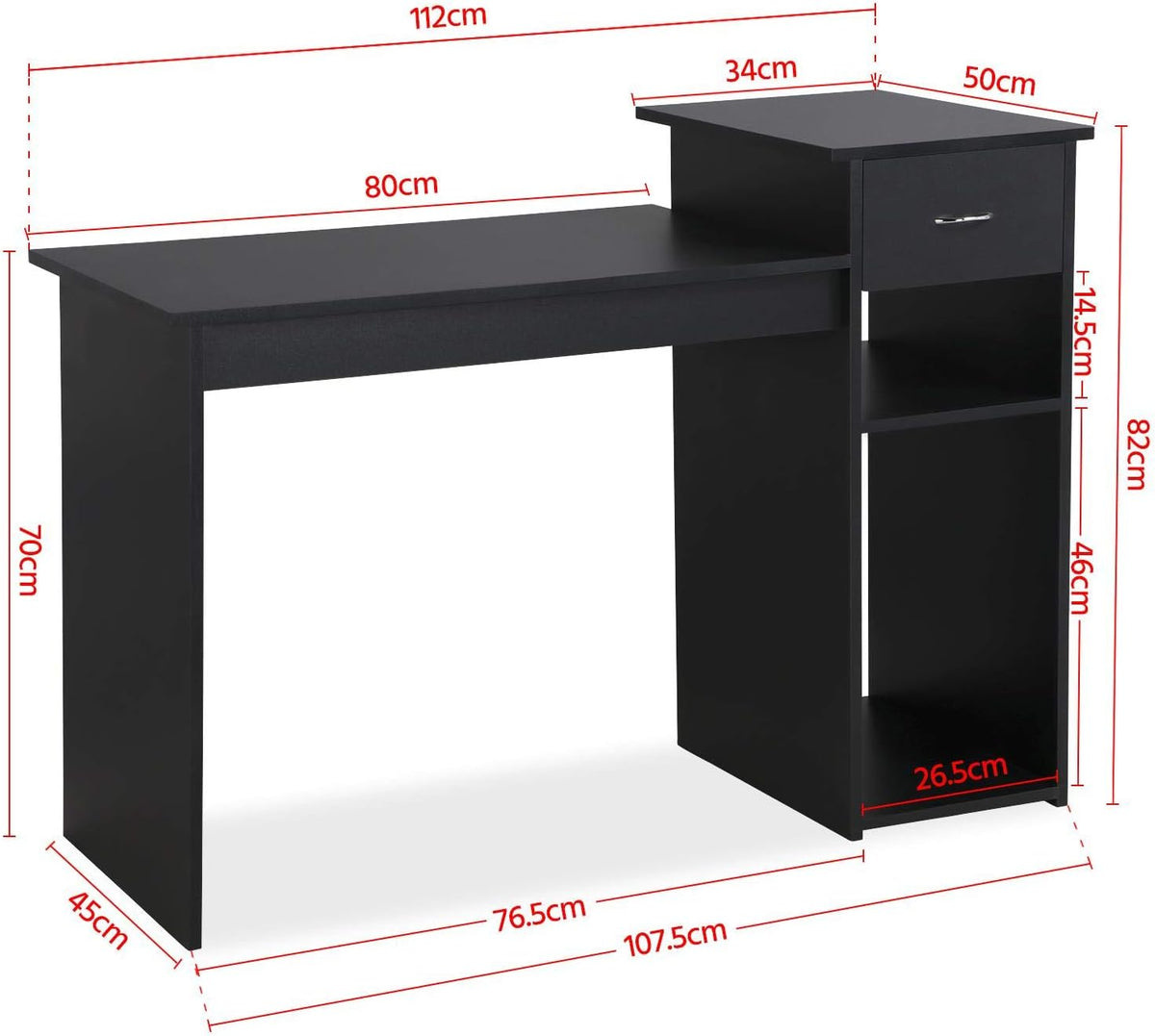 Yaheetech Computertafel - Met Lade en 2 Legplanken - 112 x 50 x 82 cm - Zwart