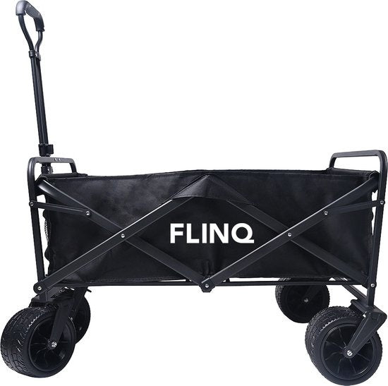 FlinQ Bolderkar tot 130 KG - Opvouwbaar - Strandkar met Duwstang - Inklapbare Bolderwagen voor Strand - 100L Inhoud met Draaibare Wielen - Zwart