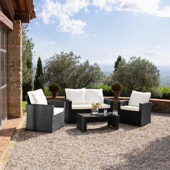 tectake® - Wicker zitgroep tuinset loungeset Lucca - bank/2 stoelen/tafel met glasplaat - natuurkleur - 404916 - poly-rattan