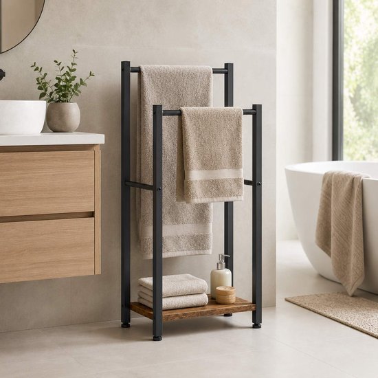Handdoekenrek Vrijstaand – 2 Handdoekstangen – Metaal-MDF – Badkamerrek – 80 cm