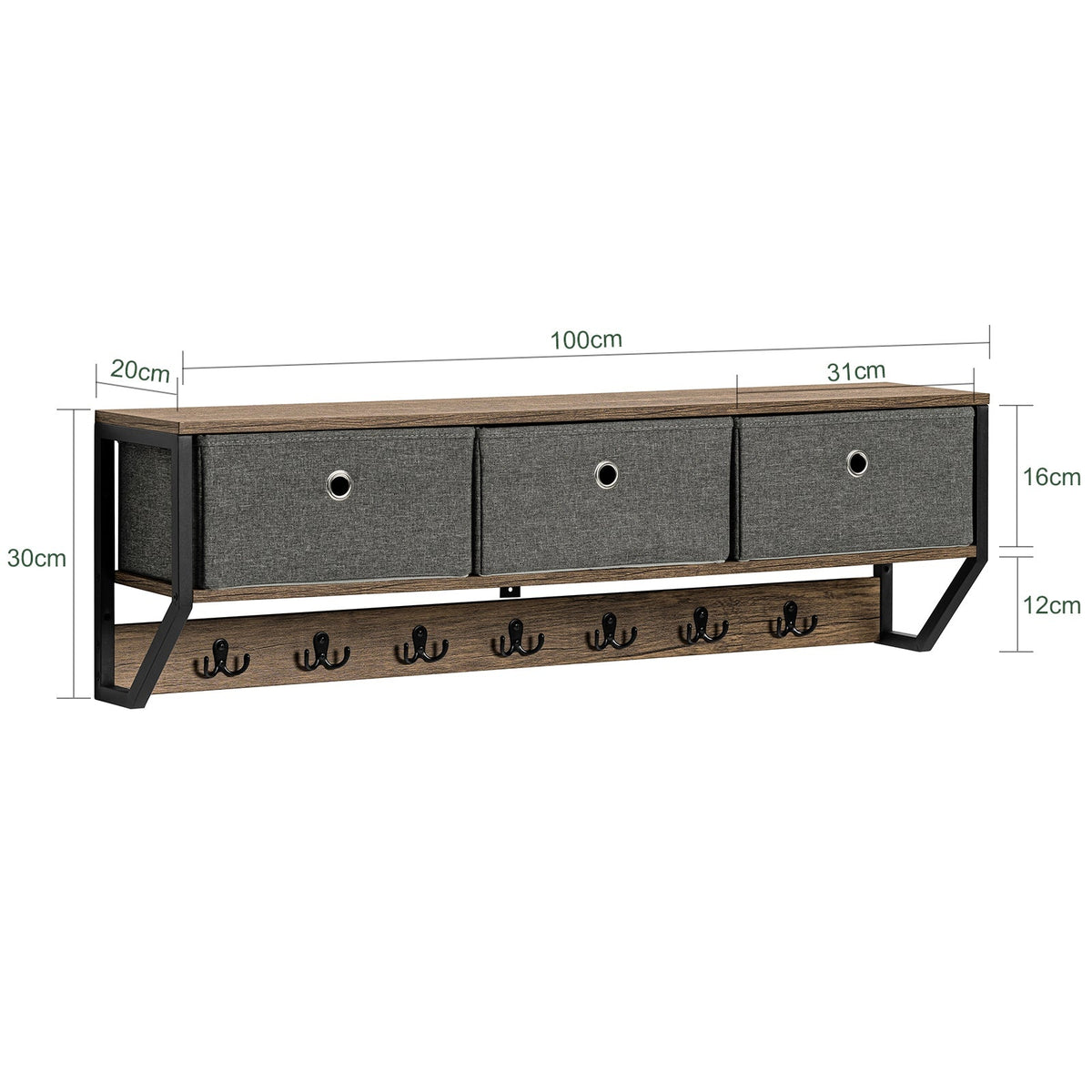 SoBuy Wandgarderobe - Hangrek met 3 manden en 7 haken - Max. 22KG - 100 x 20 x 30 cm - Houtkleur