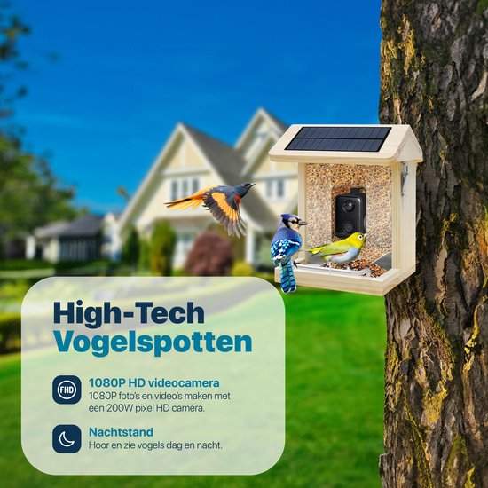 BOME - Vogelvoederhuisje - Camera en Audio - AI Vogelherkenning - Hout - Dubbel zonnepaneel - Hangend