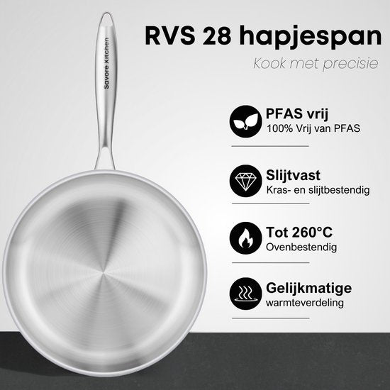 Savoré Kitchen Hapjespan 28cm met Deksel – Inductie Geschikt – RVS Sauteerpan - PFAS Vrij
