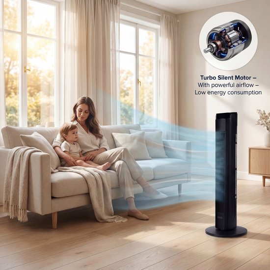 Princess DC Torenventilator 91cm– Extra Stil - 12 snelheden – 4 windmodi – 90° oscillatie – Timer 1-24uur – Met Afstandsbediening – Zwart - 352370