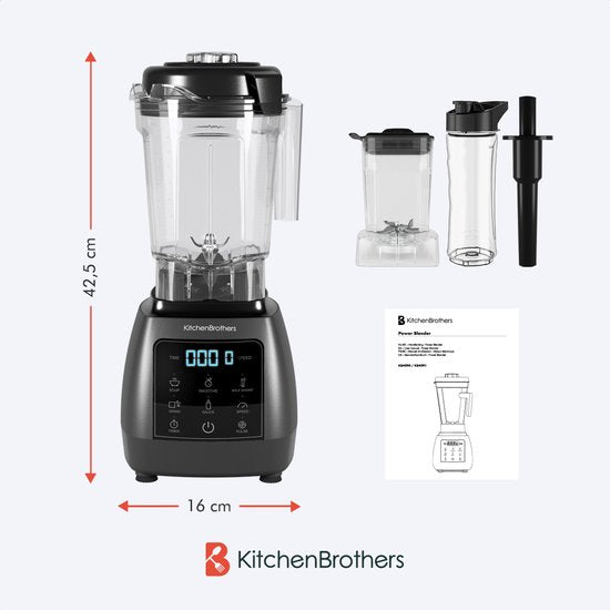 KitchenBrothers 2-in-1 Power Blender - 1600W - 2L - Complete Set met Hakmolen en To-go Beker - Smoothie Maker - IJscrusher - Metallic Grijs