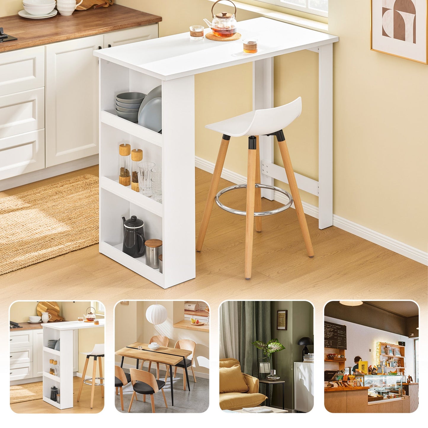 SoBuy FWT17-II-W Bartafel – Hoge Keukentafel met Opbergruimte – Compacte Staantafel voor Keuken, Woonkamer of Koffiebar – Wit – 112 x 57 x 106 cm