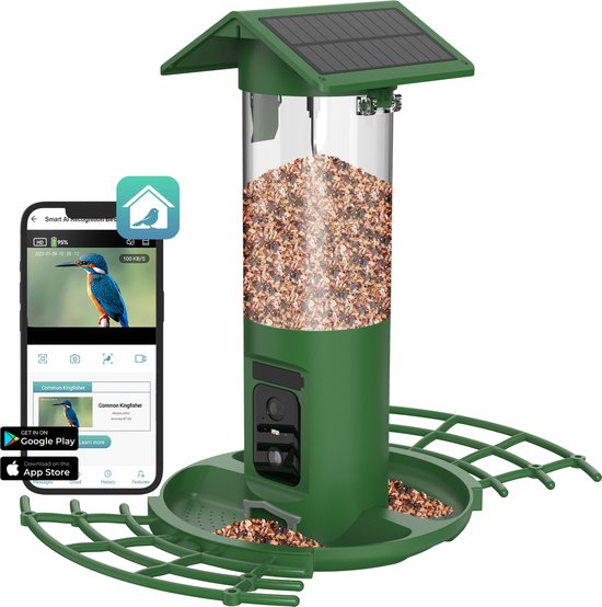 BOME Vogelvoederhuisje - Dubbele 2K HD Camera - Voedersilo - AI Vogelherkenning - Met Zonnepanelen