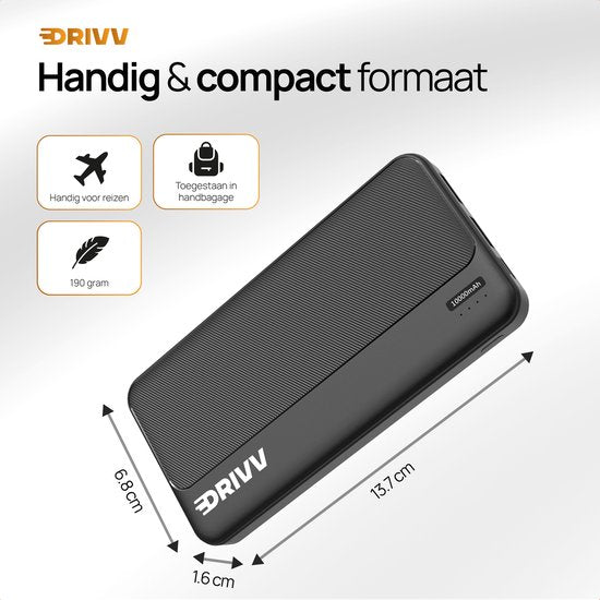 Drivv. Powerbank 10.000 mAh - 22.5W snellader - Fast Charge USB 3.0 - USB C - Geschikt voor Samsung / iPhone / meer - Zwart