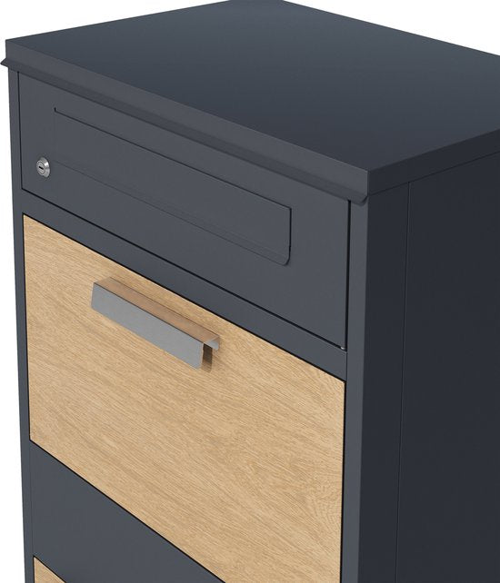 AXI Levi Pakketbrievenbus van Metaal Antraciet/Houtlook – Pakketbox voor meerdere pakketjes – Inclusief slot en apart vak voor post – 50,6 x 38,3 x 112 cm