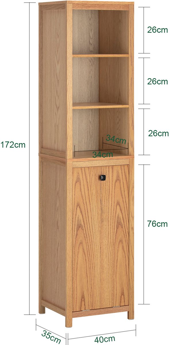 SoBuy BZR95-N Badkamerkast - Wood Composite Hoge Kast met Planken & Wasmand - 172 x 40 x 35 cm -Houtkleur