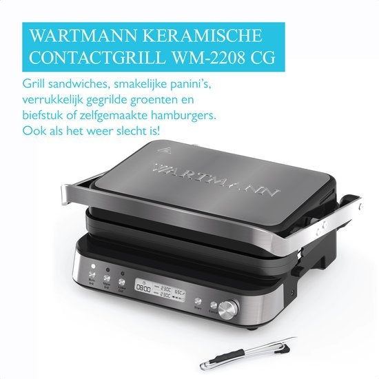 Wartmann WM-2208 CG, Keramische contact grill, tosti apparaat, wafelijzer, PFAS vrij, RVS.
