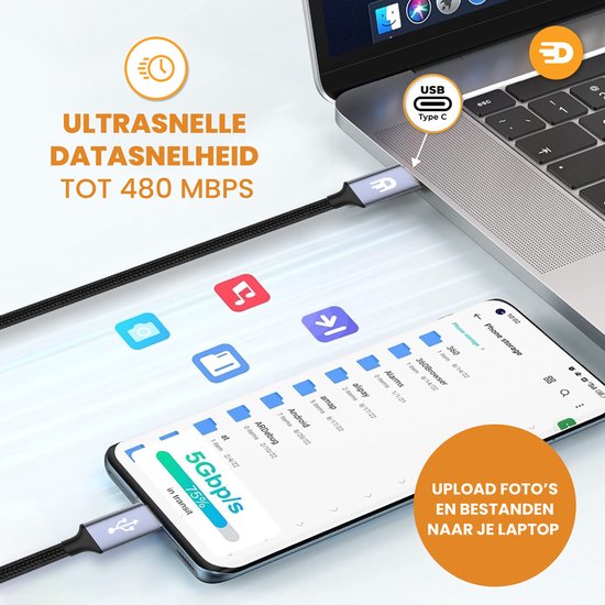 Drivv. USB C Oplaadkabel geschikt voor iPhone & Apple - USB C naar 8 Pin Kabel - Snellader - Oplader kabel - Nylon - Grijs - 3 meter