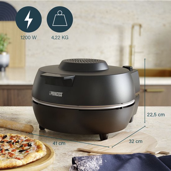 Princess 115005 Pizzaoven - Pizzamaker en oven - Regelbare thermostaat en timer - 1200W - Keramische pizzasteen - 410 graden - diameter 30cm - Zwart