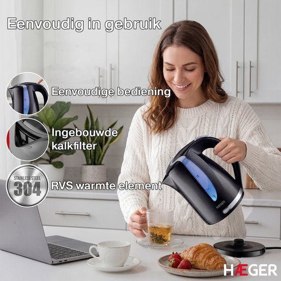 Haeger Blackness Waterkoker - 360° draaibaar - 1.7L - 2200W - Elektrisch - Cool Touch - Zwart