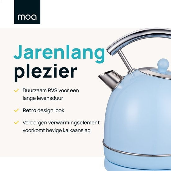 MOA Waterkoker Retro - 1.8L - RVS - BPA vrij - 2200W - 21.30x21.40x28.60 cm - Pastel blauw