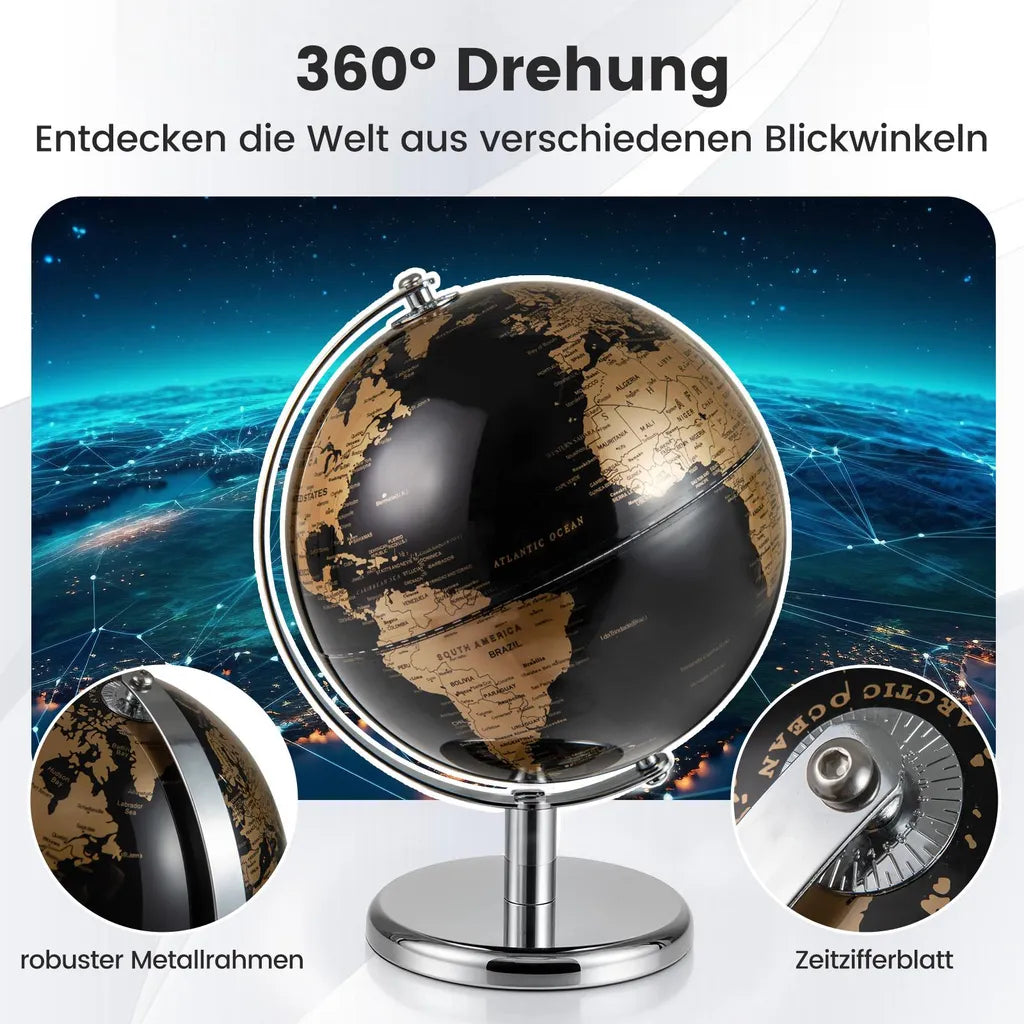 Coast Wereldbol 20 cm - Zwart/Goud - 360° Draaibaar - Met Metalen Standaard - 21 x 21 x 27 cm
